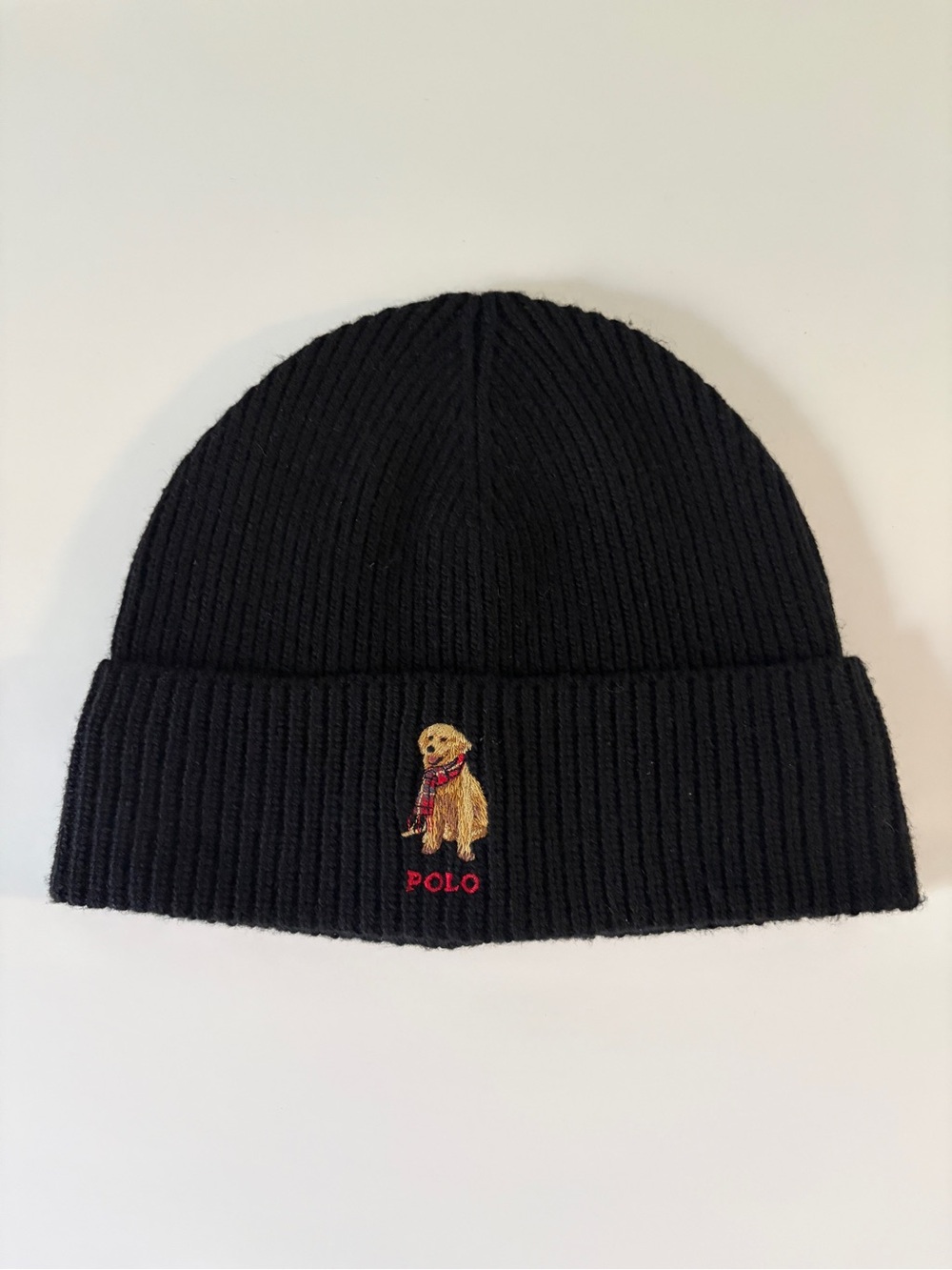 Ralph Lauren Black Ribbed Knit Beanie with Embroidered Dog